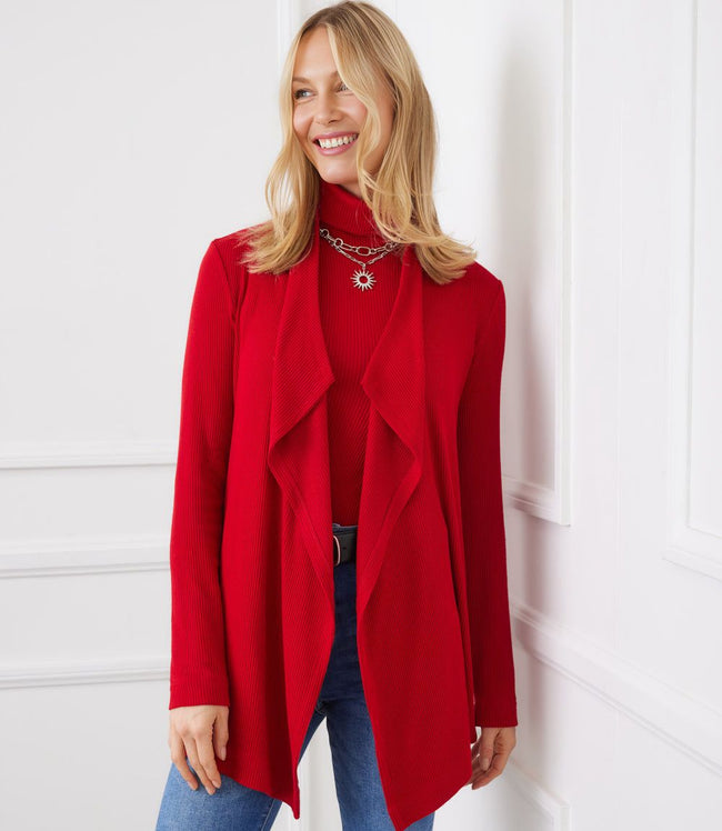 karen kane Red Long Sleeve Ribbed Drape Front Cardigan Karen Kane