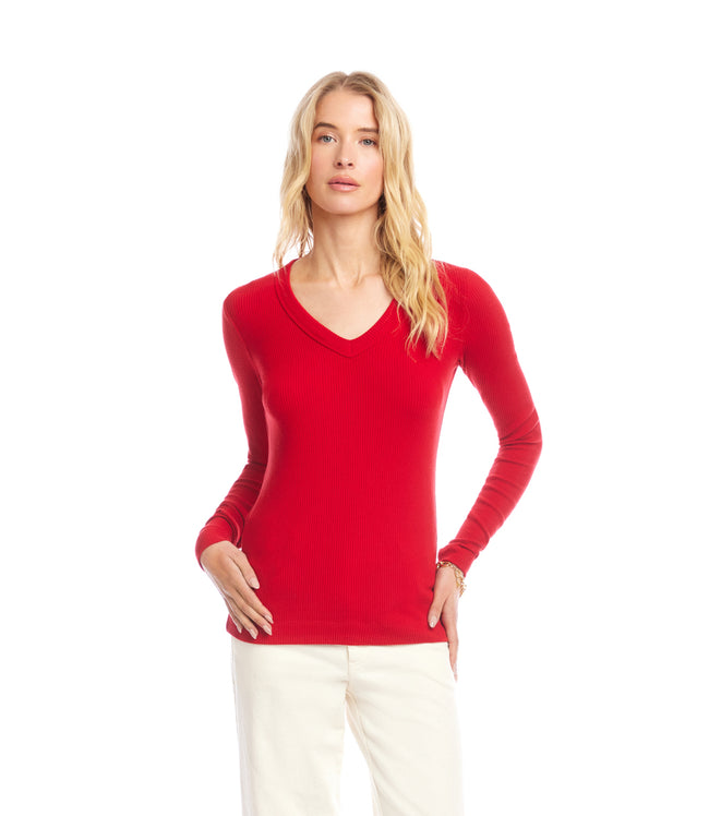 Karen Kane Red Long Sleeve Ribbed V-Neck Top Karen Kane