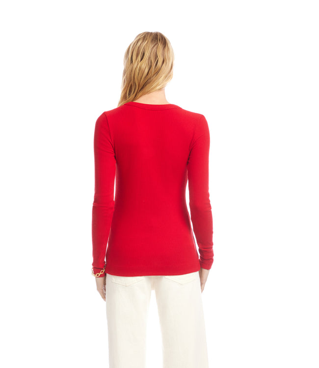 Karen Kane Red Long Sleeve Ribbed V-Neck Top Karen Kane