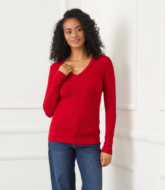 karen kane Red Long Sleeve Ribbed V-Neck Top Karen Kane