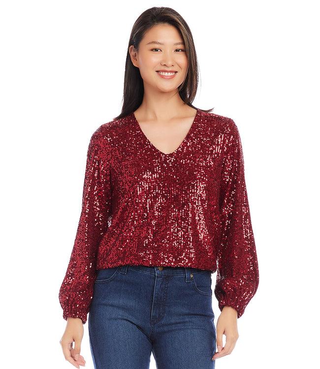 Karen Kane Ruby Blouson Sleeve Sequin V-Neck Top Karen Kane