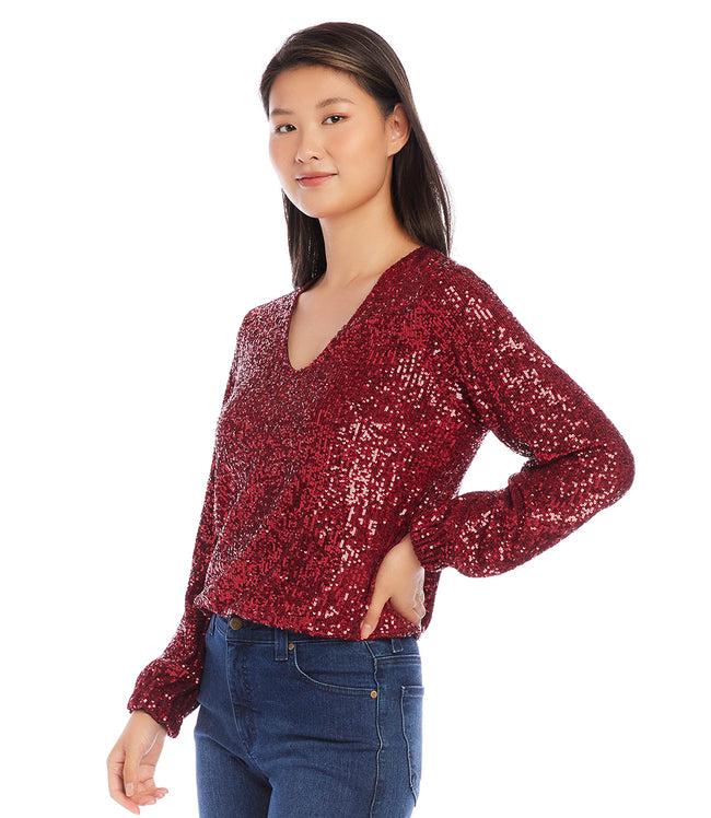 Karen Kane Ruby Blouson Sleeve Sequin V-Neck Top Karen Kane