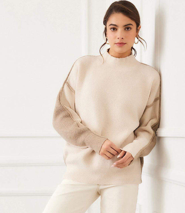 Karen Kane Sand With Earth Colorblock Mock Neck Sweater Karen Kane