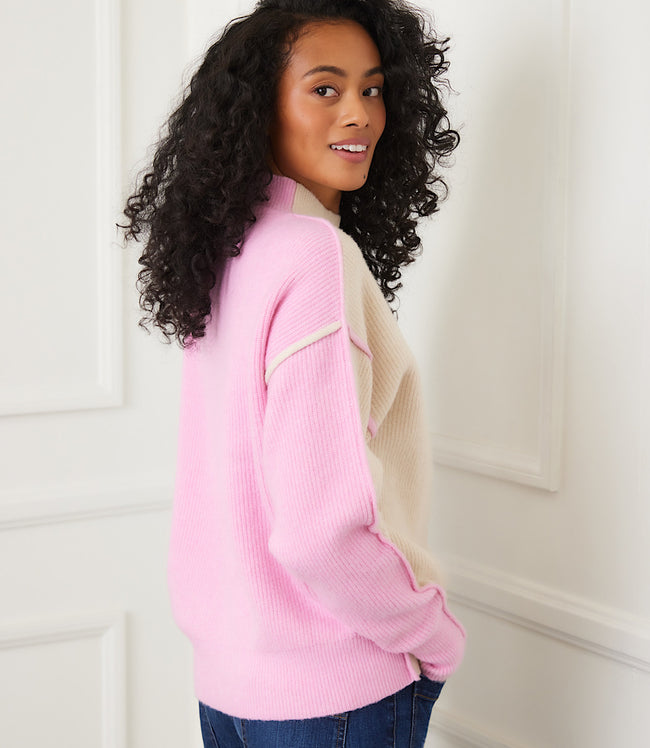 Karen Kane Sand With Pink Colorblock Mock Neck Sweater Karen Kane