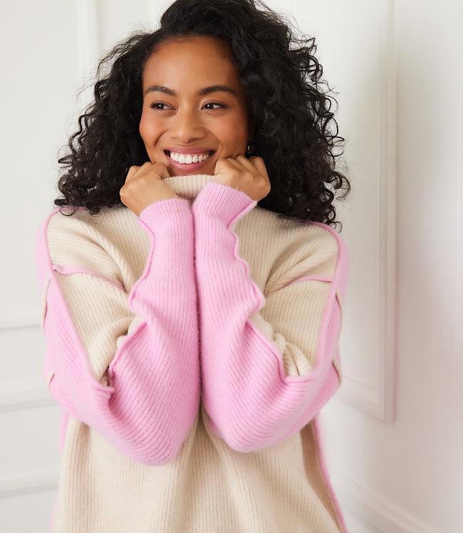 Karen Kane Sand With Pink Colorblock Mock Neck Sweater Karen Kane