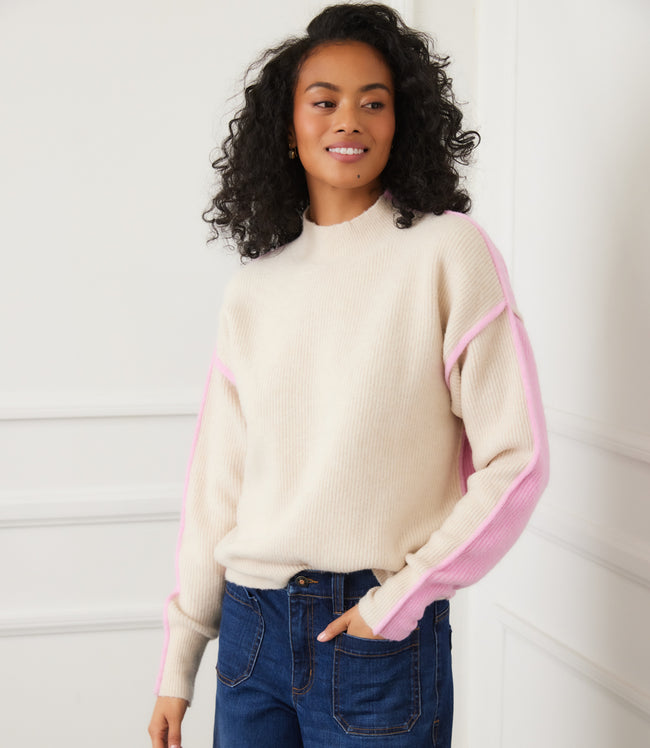 karen kane Sand With Pink Colorblock Mock Neck Sweater Karen Kane