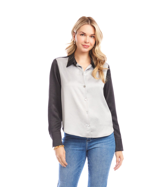Karen Kane Silver With Black Long Sleeve Satin Colorblock Shirt Karen Kane