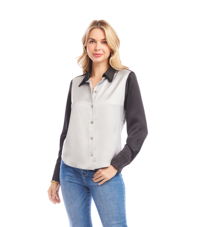 Karen Kane Silver With Black Long Sleeve Satin Colorblock Shirt Karen Kane