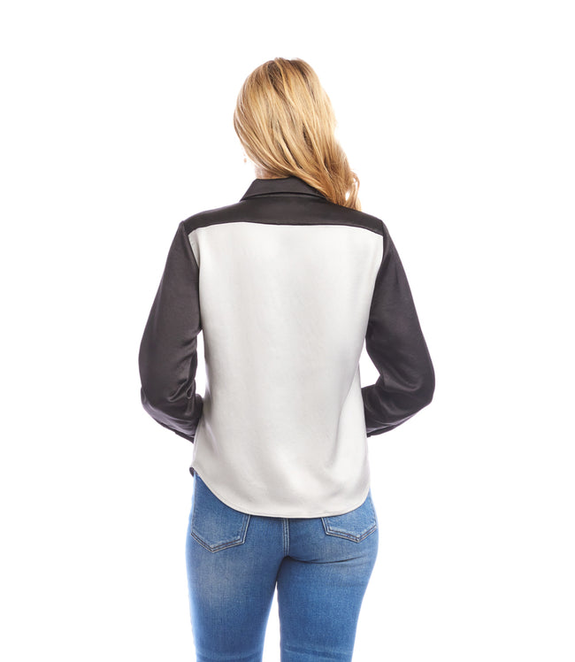 Karen Kane Silver With Black Long Sleeve Satin Colorblock Shirt Karen Kane
