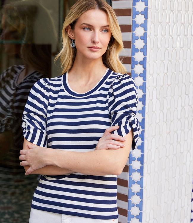 karen kane Stripe Petite Size Stripe Twist-Sleeve Top Karen Kane