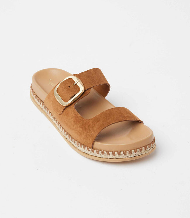 Karen Kane Tan Getaway Buckle Slip On Sandals Karen Kane
