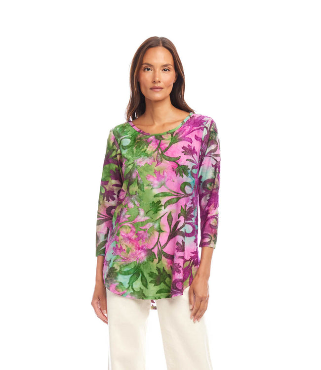 Karen Kane Tie-Dye 3/4 Sleeve Burnout Shirttail Top Karen Kane