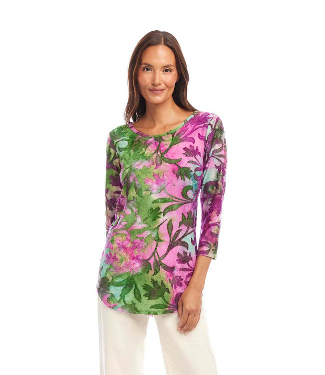 karen kane Tie-Dye Petite Size 3/4 Sleeve Burnout Shirttail Top Karen Kane