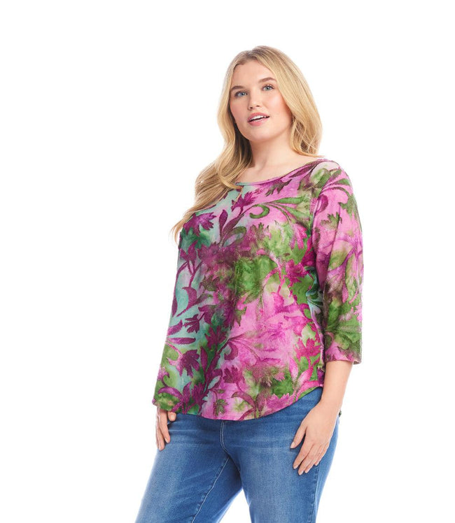Karen Kane Tie-Dye Plus Size 3/4 Sleeve Burnout Shirttail Top Karen Kane