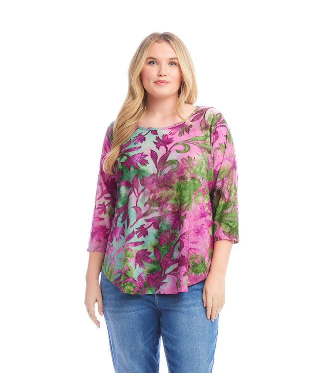 karen kane Tie-Dye Plus Size 3/4 Sleeve Burnout Shirttail Top Karen Kane