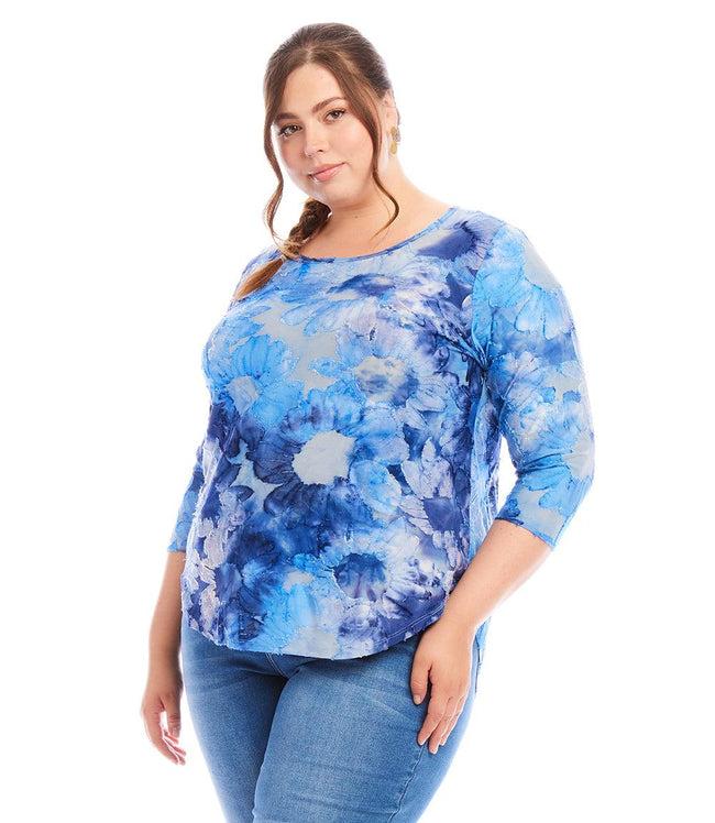 Karen Kane Tie-Dye Plus Size 3/4 Sleeve Burnout Shirttail Top Karen Kane
