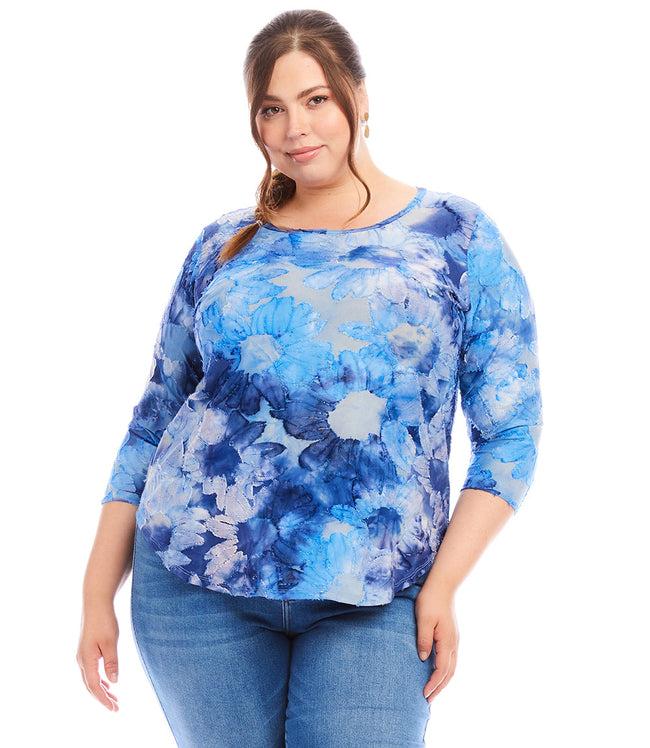 karen kane Tie-Dye Plus Size 3/4 Sleeve Burnout Shirttail Top Karen Kane