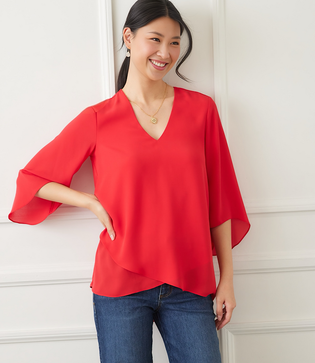 karen kane Tomato Bracelet Sleeve Asymmetric Top Karen Kane