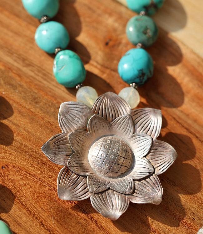 Karen Kane Turquoise Turquoise Silver Flower Pendant Necklace Karen Kane