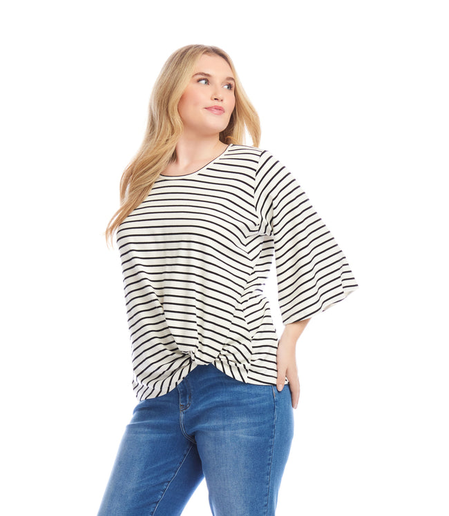 Karen Kane White With Black Plus Size Stripe Flare Sleeve Pick Up Top Karen Kane
