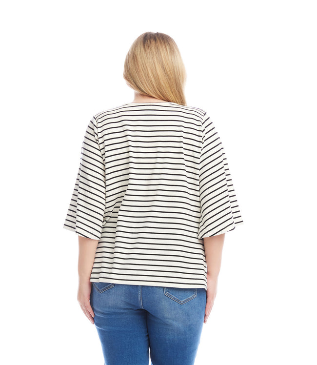Karen Kane White With Black Plus Size Stripe Flare Sleeve Pick Up Top Karen Kane