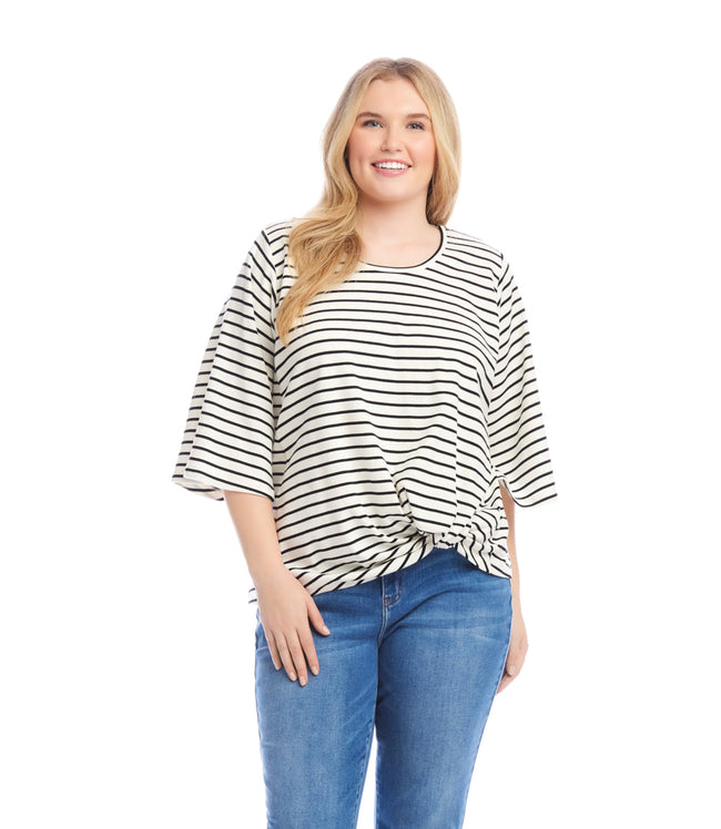 karen kane White With Black Plus Size Stripe Flare Sleeve Pick Up Top Karen Kane