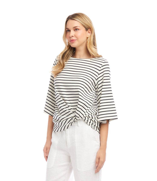 Karen Kane White With Black Stripe Flare Sleeve Pick-Up Top Karen Kane