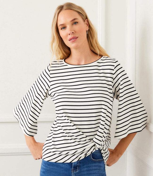 karen kane White With Black Stripe Flare Sleeve Pick-Up Top Karen Kane