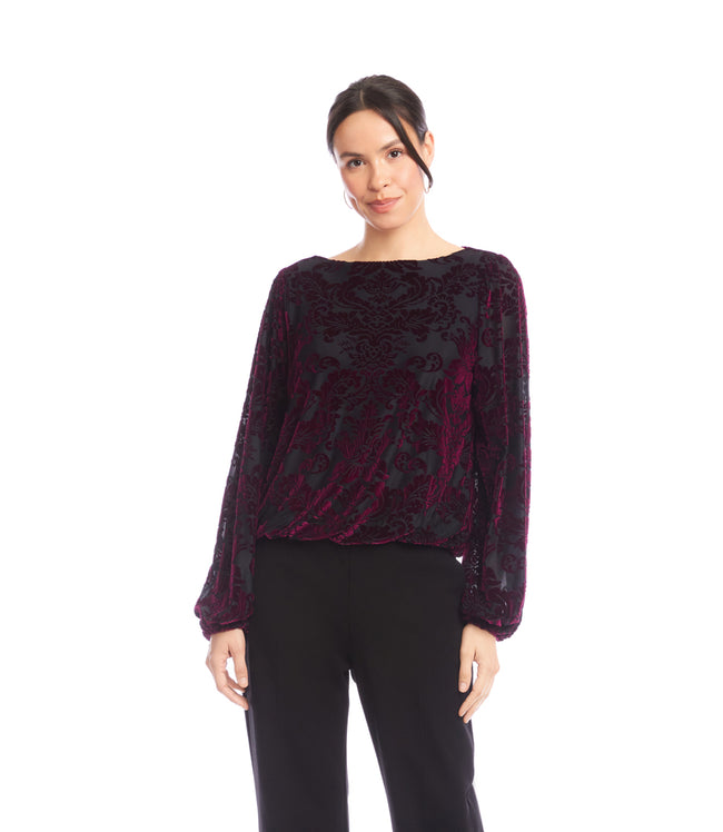 Karen Kane Wine Blouson Sleeve Velvet Burnout Boatneck Top Karen Kane