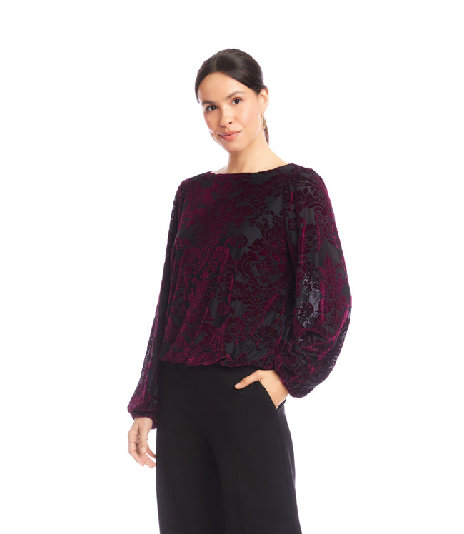 Karen Kane Wine Blouson Sleeve Velvet Burnout Boatneck Top Karen Kane