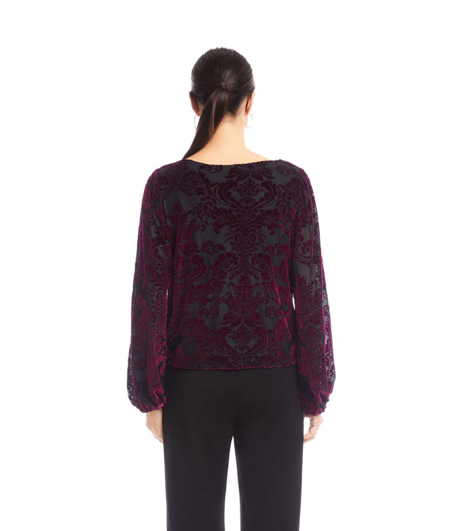 Karen Kane Wine Blouson Sleeve Velvet Burnout Boatneck Top Karen Kane
