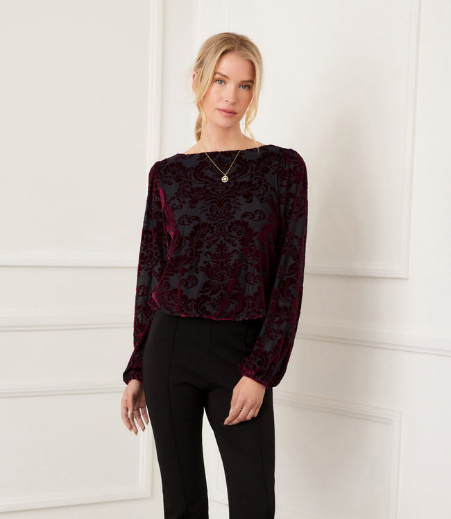 karen kane Wine Blouson Sleeve Velvet Burnout Boatneck Top Karen Kane