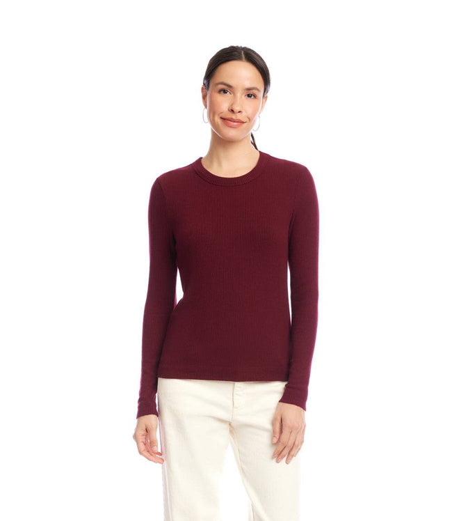 Karen Kane Wine Long Sleeve Ribbed Crewneck Top Karen Kane