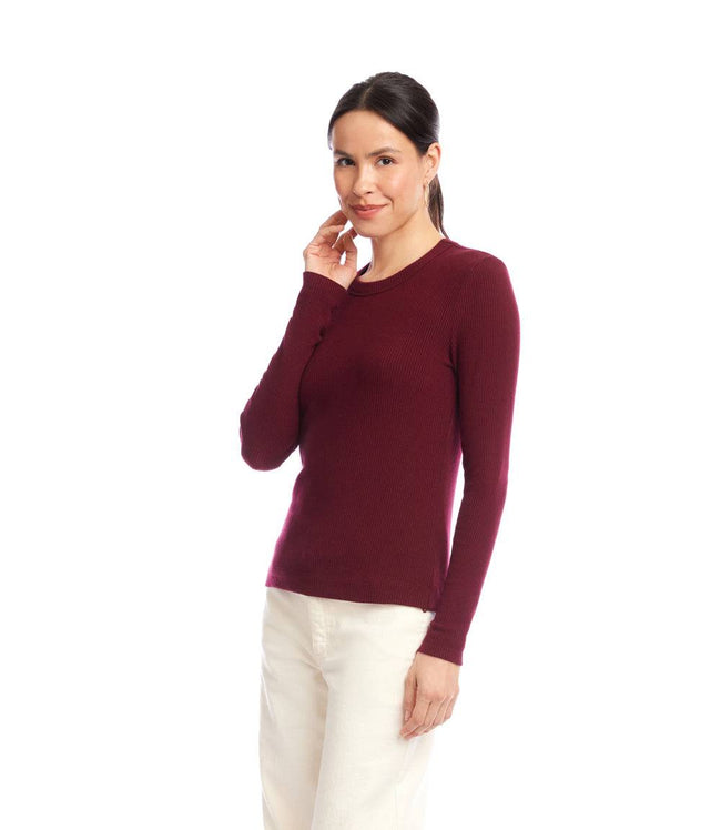 Karen Kane Wine Long Sleeve Ribbed Crewneck Top Karen Kane