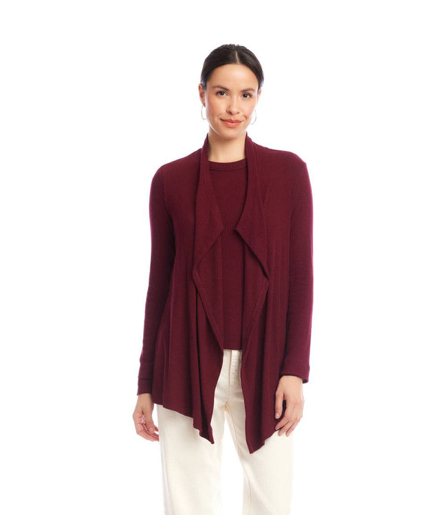 Karen Kane Wine Long Sleeve Ribbed Drape Front Cardigan Karen Kane