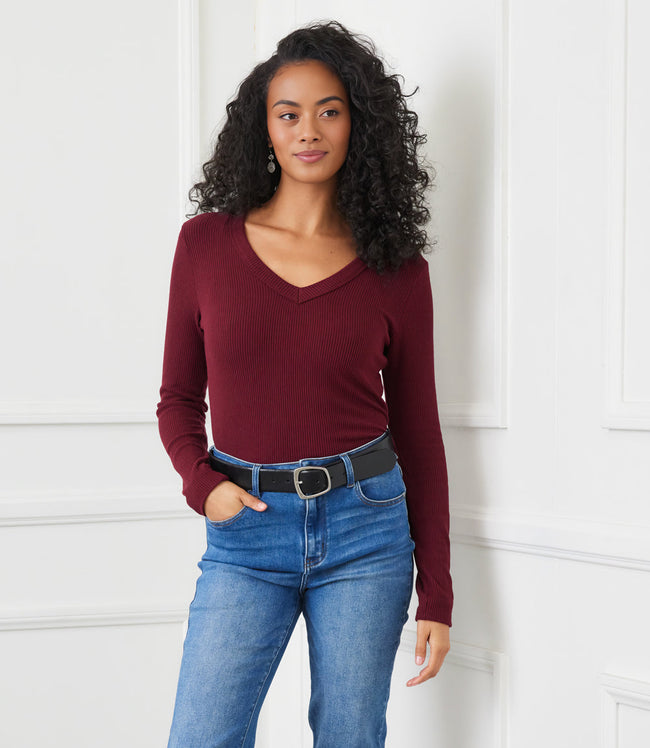 Karen Kane Wine Long Sleeve Ribbed V-Neck Top Karen Kane