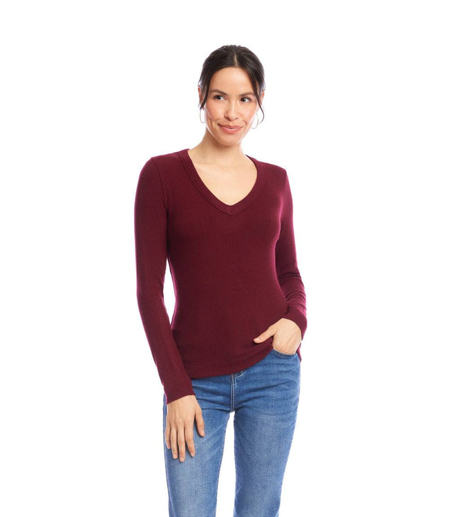 Karen Kane Wine Long Sleeve Ribbed V-Neck Top Karen Kane