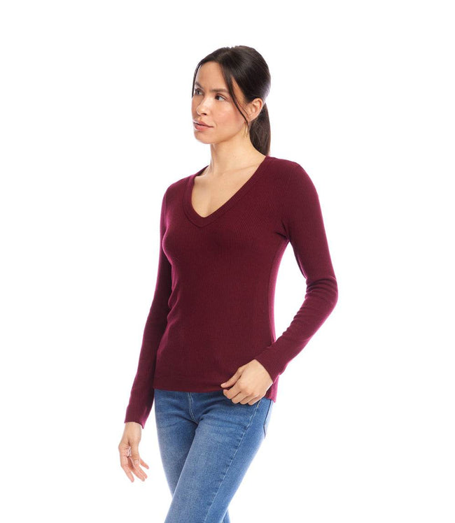 Karen Kane Wine Long Sleeve Ribbed V-Neck Top Karen Kane