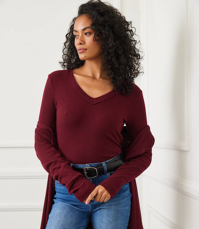 karen kane Wine Long Sleeve Ribbed V-Neck Top Karen Kane