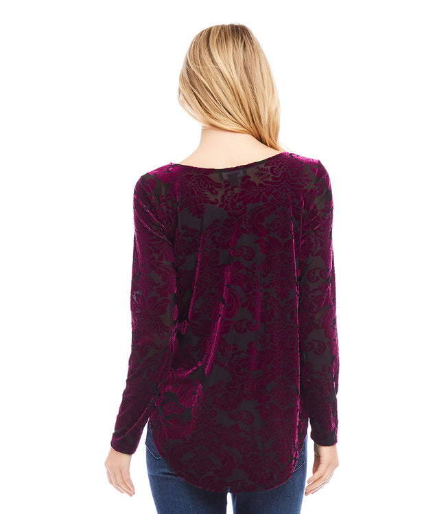 Karen Kane Wine Long Sleeve Velvet Burnout Shirttail Top Karen Kane