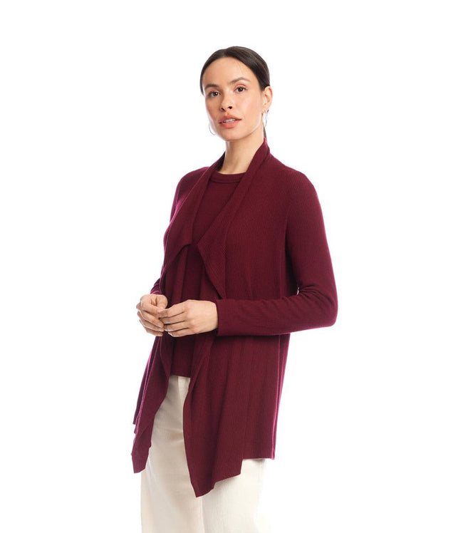 Karen Kane Wine Petite Size Long Sleeve Ribbed Drape Front Cardigan Karen Kane