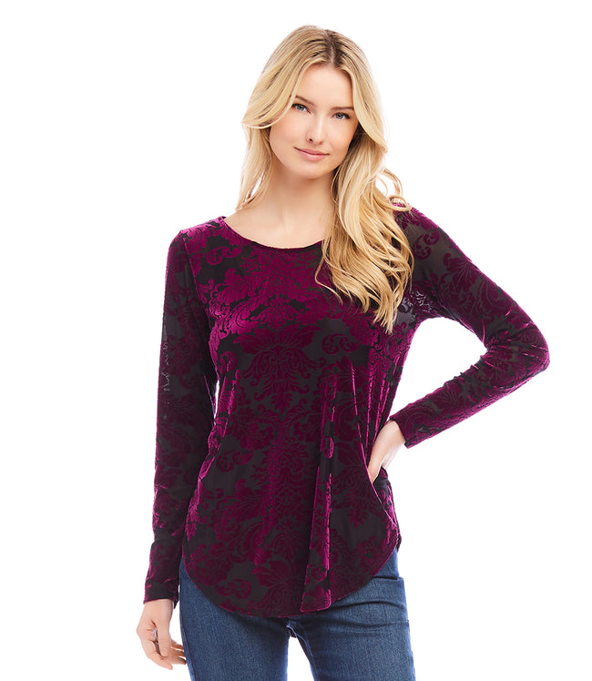 Karen Kane Wine Petite Size Long Sleeve Velvet Burnout Shirttail Top Karen Kane
