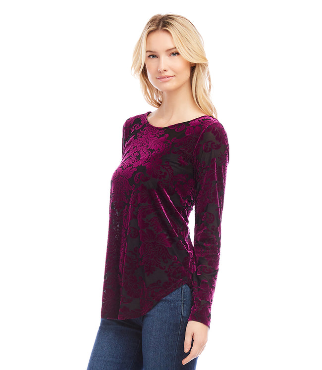 Karen Kane Wine Petite Size Long Sleeve Velvet Burnout Shirttail Top Karen Kane