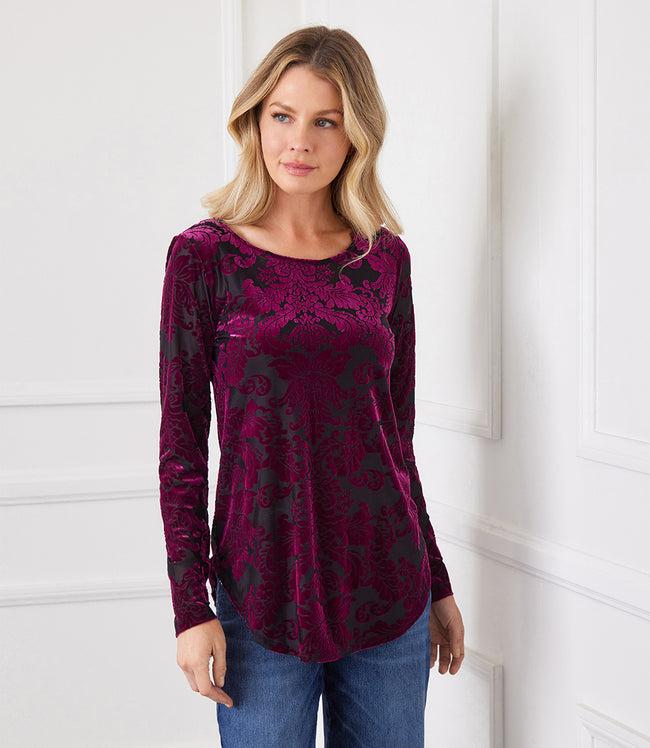karen kane Wine Petite Size Long Sleeve Velvet Burnout Shirttail Top Karen Kane