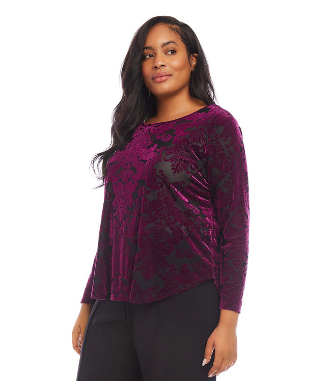 Karen Kane Wine Plus Size Long Sleeve Velvet Burnout Shirttail Top Karen Kane