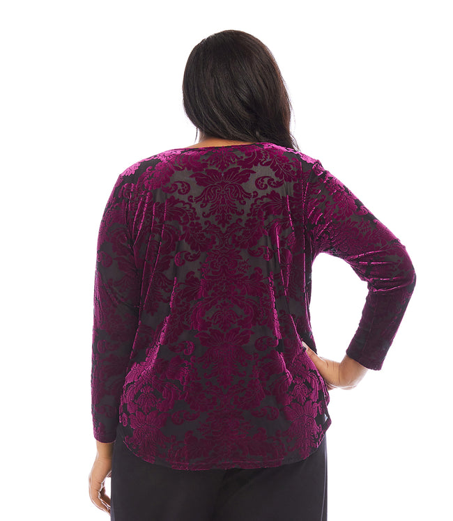 Karen Kane Wine Plus Size Long Sleeve Velvet Burnout Shirttail Top Karen Kane