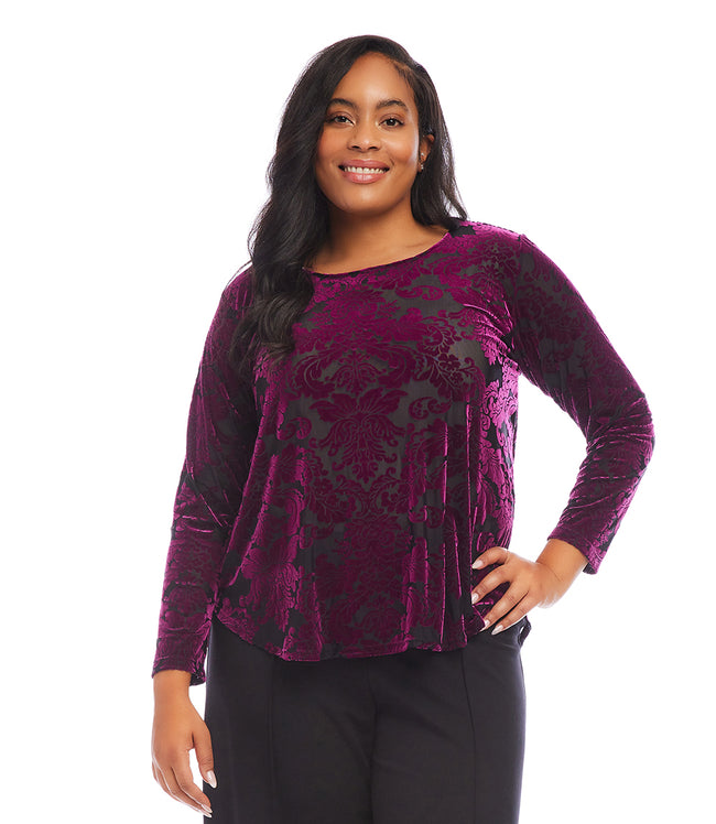 karen kane Wine Plus Size Long Sleeve Velvet Burnout Shirttail Top Karen Kane