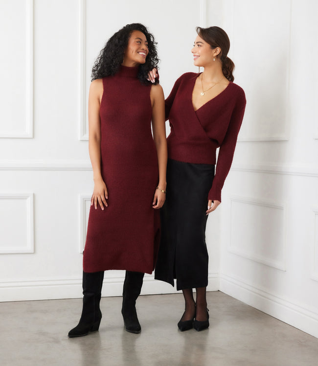 Karen Kane Wine Sleeveless Turtleneck Sweater Dress Karen Kane