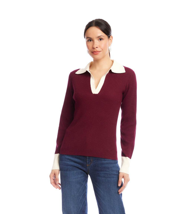 Karen Kane Wine With Cream Contrast Ribbed Polo Sweater Karen Kane