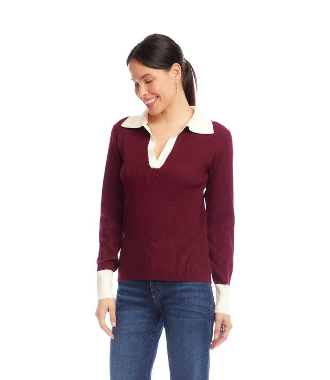 Karen Kane Wine With Cream Contrast Ribbed Polo Sweater Karen Kane